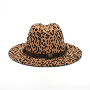 Classic leopard print wool fedora hat with wide brim and decorative metal buckle band