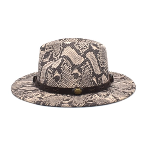 Snake skin pattern fedora hat with brown leather band and sun-shaped metal buckle