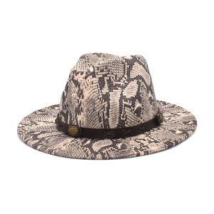 Vintage Snakeskin Print Fedora Hat Wide Brim Faux Wool Felt Jazz Cap With PU Leather Strap For Men Women