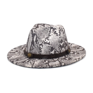 Detailed close-up of wide brim fedora with snakeskin pattern and leather band