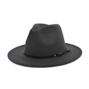 Detail of dark gray wool fedora hat featuring black leather band and gold rivet accents
