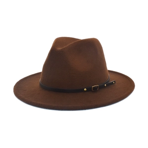 Classic brown wool felt fedora hat with flat brim and black leather band with gold buckle