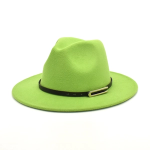Chapeau fedora en laine vert citron classique avec bande en cuir noir et boucle en métal