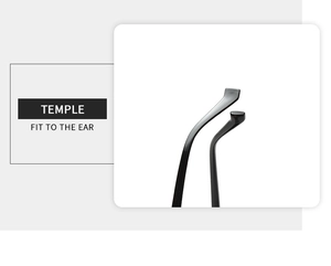 Detail of ergonomic temple tips on black cat-eye sunglasses for comfortable fit