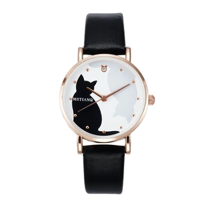 Cute Cartoon Cat Women Quartz Watch Korean Minimalist Small Round Dial Faux Leather Strap Harajuku Style Wristwatch For Girls Students Ladies