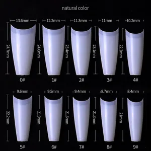 Size chart showing 0-9 dimensions for French half-cover T-shaped false nail tips