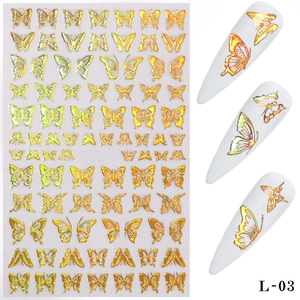 3D gold holographic butterfly nail art stickers L-03 with laser metallic finish effects