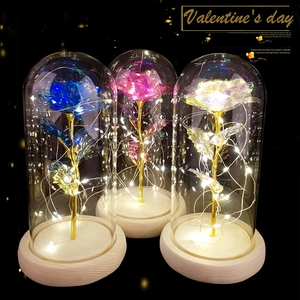Artificial Gold Foil Rose In Glass Dome LED Light String Wooden Base Romantic Gift For Valentine Mother Day