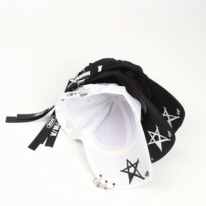 Detail of baseball cap showing cotton texture, metal rings, and long ribbon straps