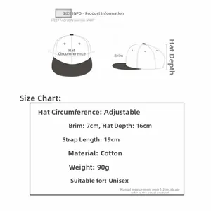 Size guide for baseball cap with dimensions for brim, depth, and adjustable strap