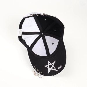Detail of baseball cap showing 100% cotton fabric, metal ring accents and star embroidery