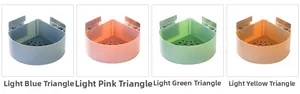 Detailed view of four colorful corner shelves with drainage holes and adhesive hooks