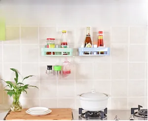 Wall-mounted rectangular kitchen rack in pastel colors for spice bottle storage