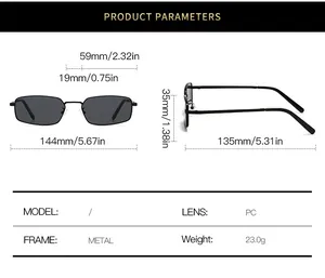 Detailed technical specifications and sizing chart for small square frame metal sunglasses