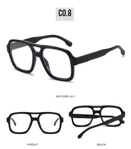 Three perspectives of black square double-bridge sunglasses including front and side views