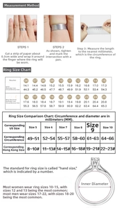 Detailed size guide chart showing how to measure finger circumference for rings accurately