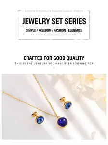 Detail of elegant gold jewelry set with round blue cubic zirconia pendant and stud earrings