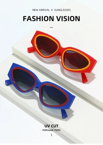 Close-up of geometric cat-eye sunglasses with UV protection and stylish color frames