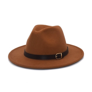 Classic brown wool fedora hat with black leather band and gold buckle on white background
