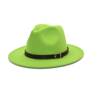 Close-up of neon green wool fedora with black leather band and gold metal buckle