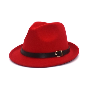 Cappello Fedora in feltro di lana rossa per uomo e donna con cinturino in pelle nera
