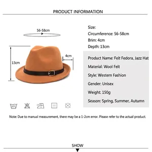 Cappello fedora vintage in lana unisex con fascia in pelle e tabella taglie
