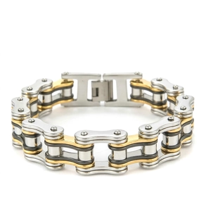 Industrial style men's stainless steel bicycle chain bracelet in silver, gold, and black