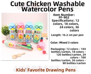 Detail of washable watercolor pens with cartoon chick caps in pink, blue, and green