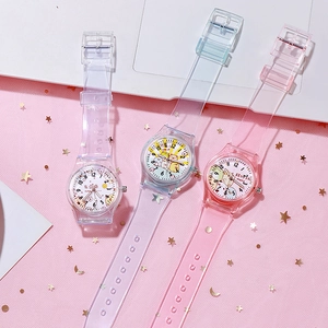 Three transparent cartoon quartz watches for kids in pink, purple, and white colors