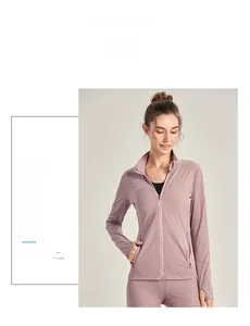 Detail of lavender slim-fit yoga jacket with stand collar and thumbhole sleeves