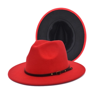 Red and black wool fedora hat with felt texture and leather band for women