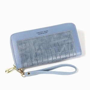Blue long faux leather wallet for women with crocodile texture and gold zipper closure