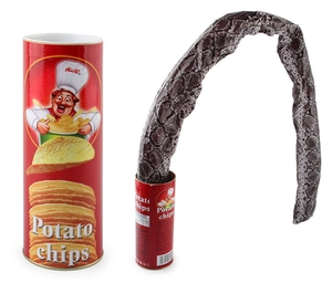 Surprise jumping snake springing out from a red potato chip can prank toy set