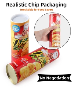 Detailed views of realistic potato chip can prank toy with cartoon chef design