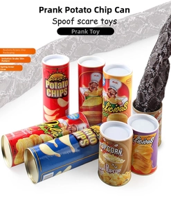 Detailed view of prank potato chip can with pop-out spring snake for Halloween