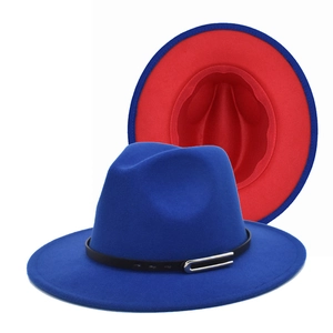 Stylish two-tone blue and red wool felt fedora hat featuring a black buckle belt