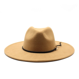 Classic brown wide brim wool fedora hat with black leather band and tassel detail