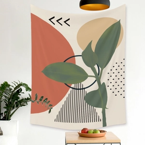 Detail of Morandi-style wall tapestry featuring abstract botanical and geometric patterns