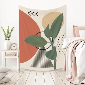 Close-up of Morandi color tapestry with Nordic abstract leaves and geometric shapes