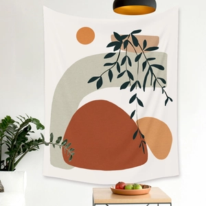 Modern Morandi style tapestry featuring abstract shapes and black leaves on white wall