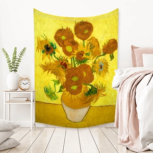 Detailed texture of Morandi Van Gogh sunflower wall tapestry in a cozy modern bedroom