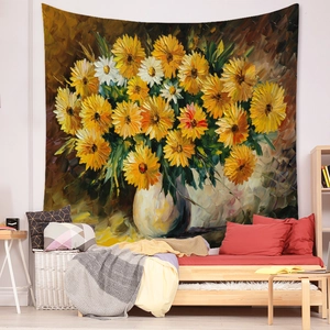 Detailed texture of Morandi floral tapestry hanging above a modern minimalist bed