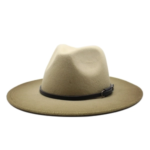 Classic camel wide-brim felt fedora hat featuring a black leather band and metal buckle