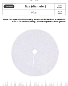 Size chart for 90cm white plush Christmas tree skirt showing weight and diameter details