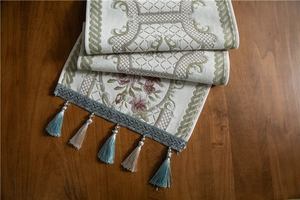 Detail view of modern chenille table runner featuring jacquard patterns and colorful tassels
