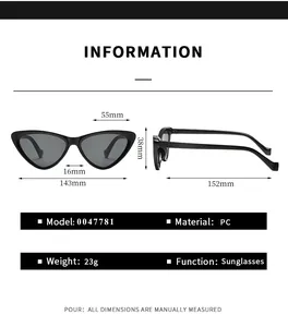 Size chart for cat-eye sunglasses with precise frame dimensions and material specifications