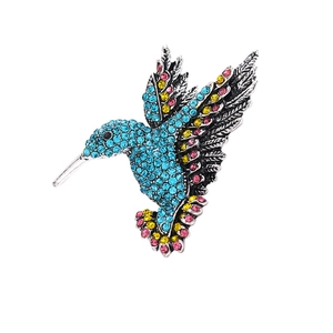 Exquisite silver alloy hummingbird brooch with blue, yellow and pink sparkling rhinestones