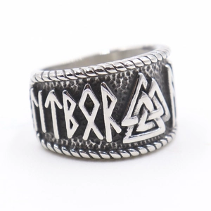 Vintage Nordic Viking Odin ring with Valknut and Runic engravings in silver finish