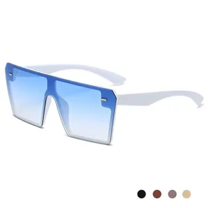 Retro rimless oversized square sunglasses with blue gradient lenses and white frame