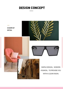 Detail of square oversized frameless sunglasses with gold metal accents on temples